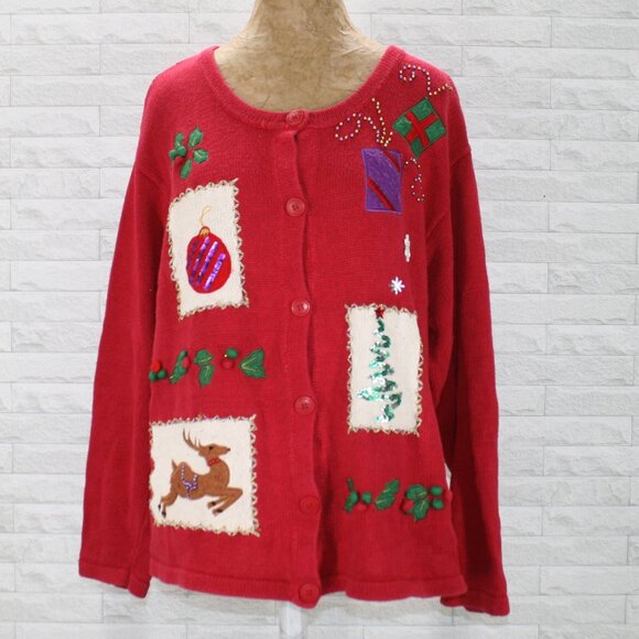 BOBBIE BROOKS Cardigan Christmas Knit Sweater Holiday Ugly Patchwork Red XL - Picture 1 of 12